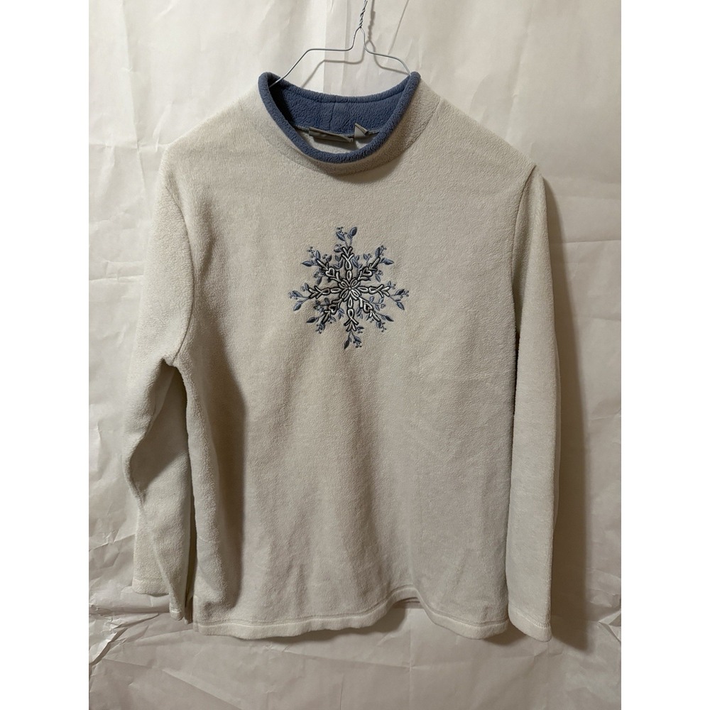 Croft & Barrow Womens White Fuzzy Embroidered Snowflake Long Sleeve Sweater L